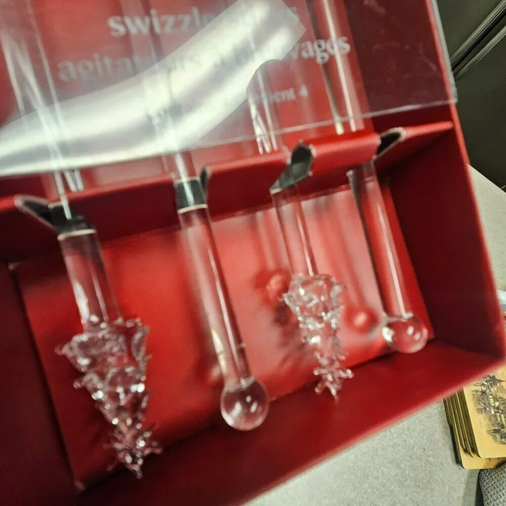 Pier One‎ Glass Swizzle Sticks With Decorative Christmas Tree Tops Set Of 4 Xmas